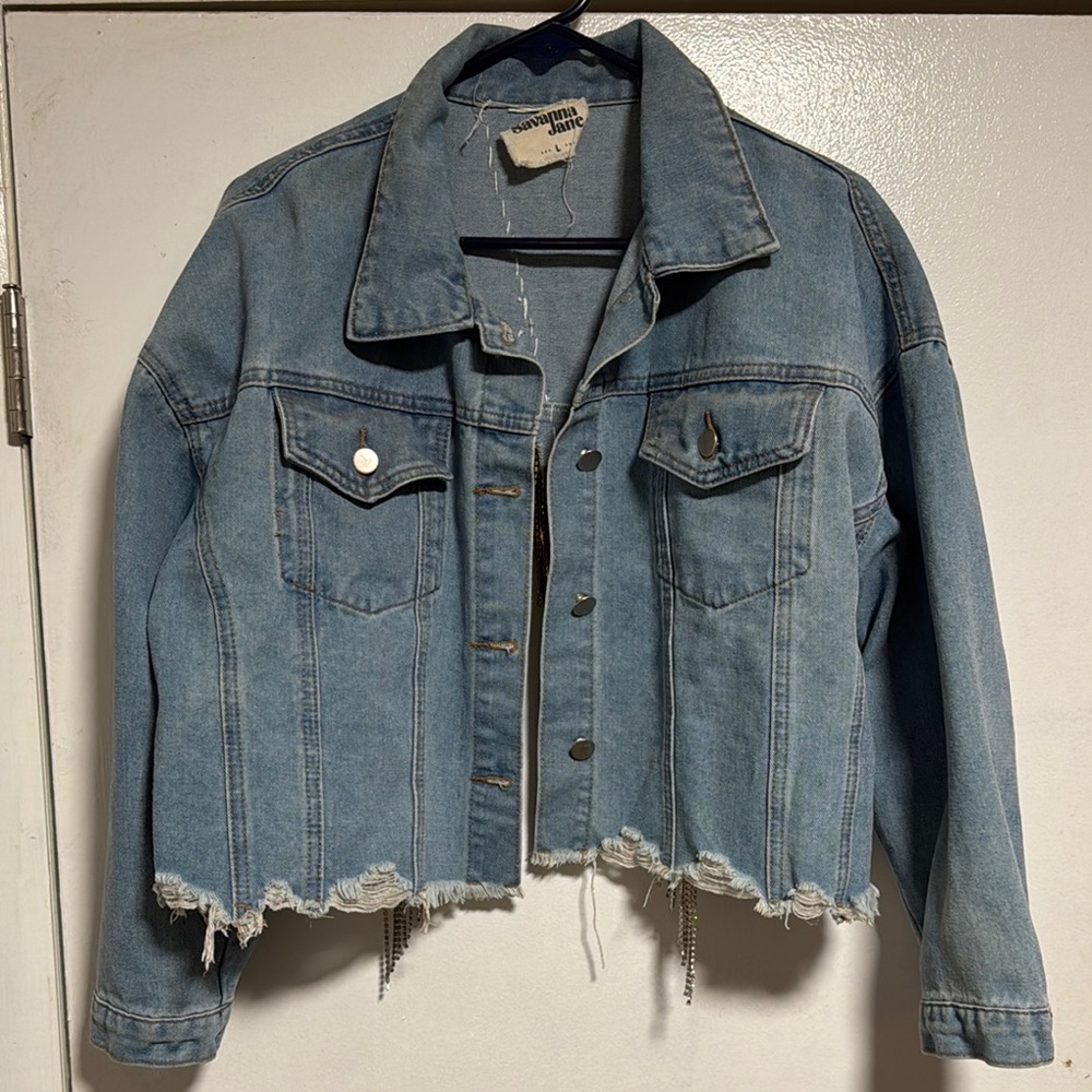 Savanna Jane Blue Cropped Jean Jacket with Distressed Hem